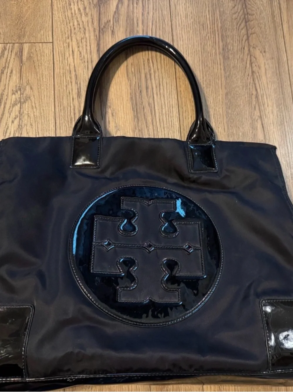 Tory Burch Black Nylon Tote with Patent Logo - Picture 2 of 3